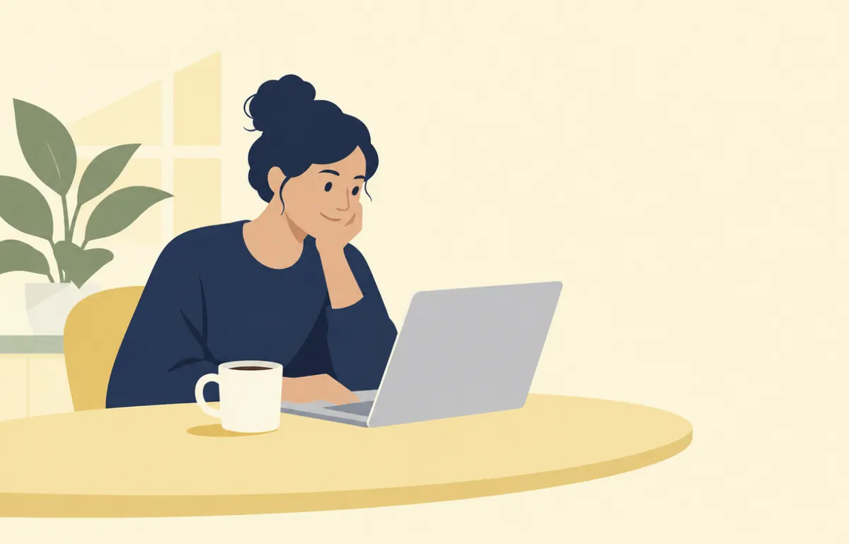 Illustration of a reader at a laptop with coffee, checking the newsletter.