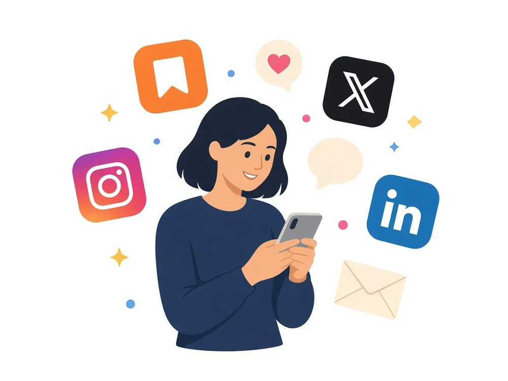 Illustration of a reader on her phone surrounded by Substack, Instagram, X, and LinkedIn icons.