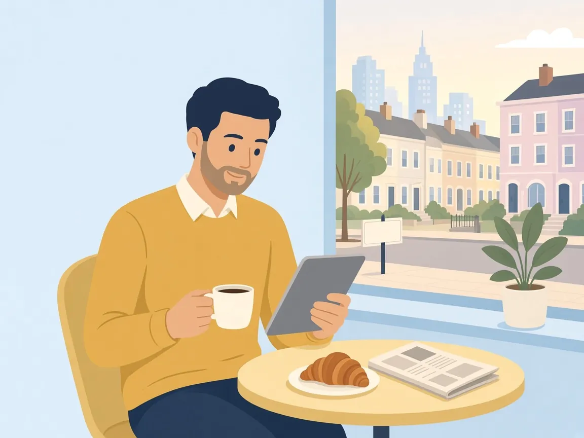 Illustration of a man reading the brief on a tablet over coffee at a café window.